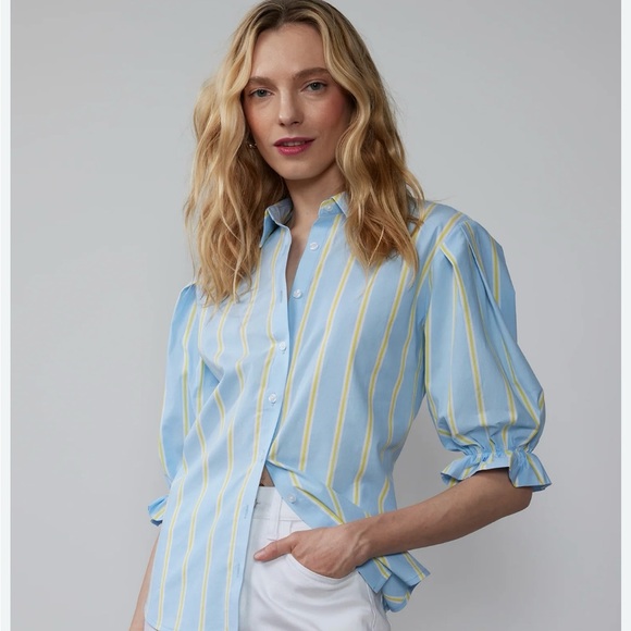 New York & Company Blue and White Puff Sleeve Button Down SIZE M NWT - Picture 4 of 4